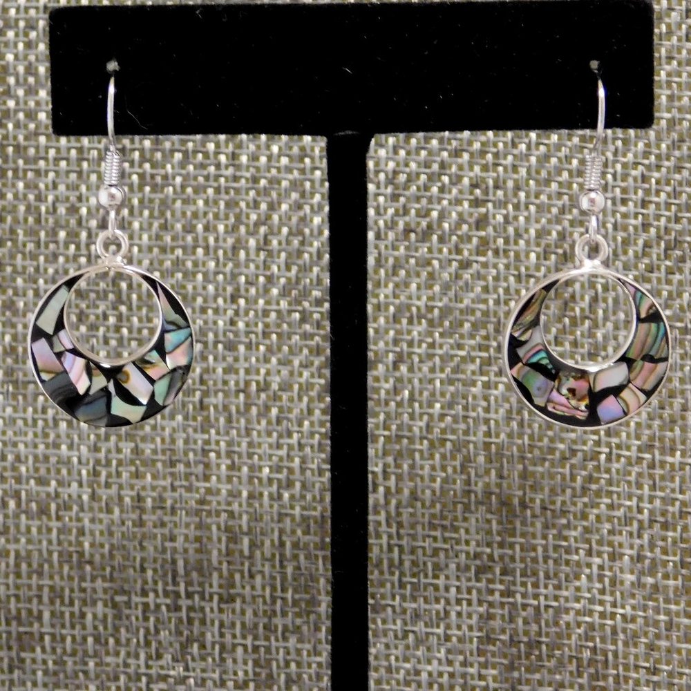 SOLD----Mexican Earrings 925 Sterling Silver Taxco Abalone Shell Petite Black